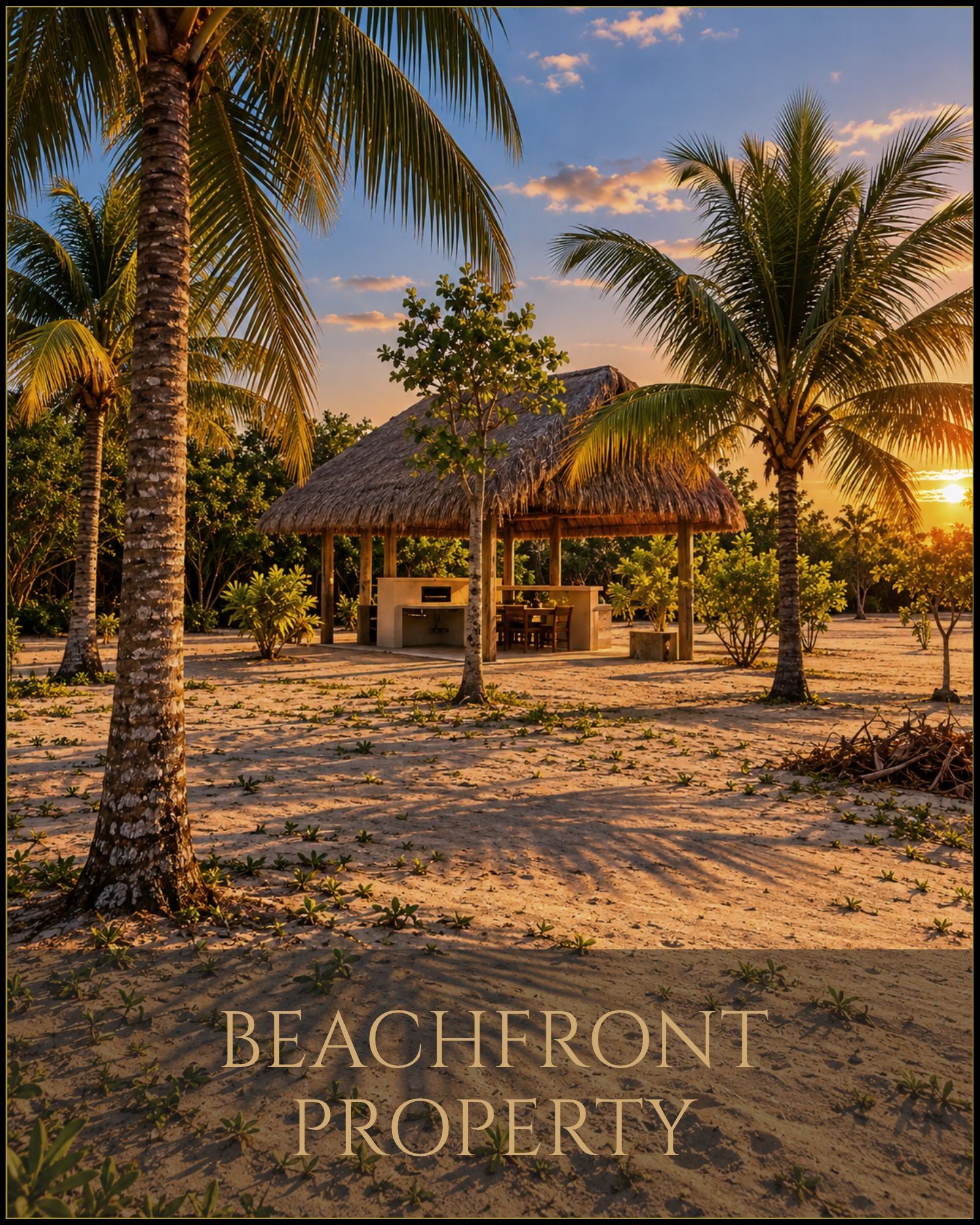 Tropischer Pavillon auf dem zum Verkauf stehenden Strandgrundstück mit jungem Palmenbestand in Brasilien.